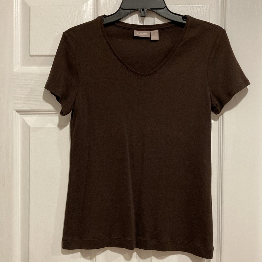 Chico’s Brown V-Neck Short Cap Sleeve Stretch T-Shirt - Chico’s Size 0